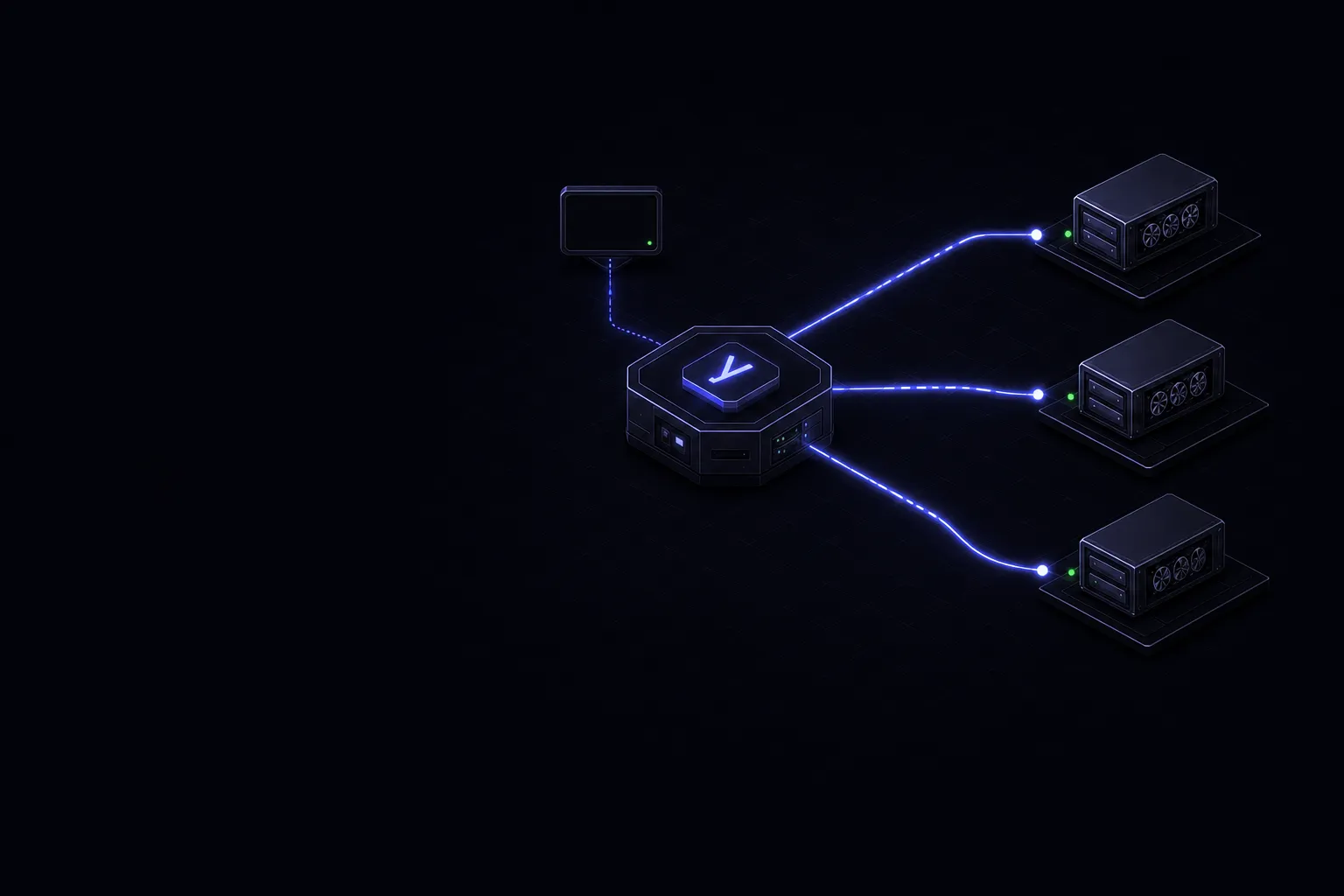 Isometric Yokai fleet controller linked to a local terminal and three GPU machines